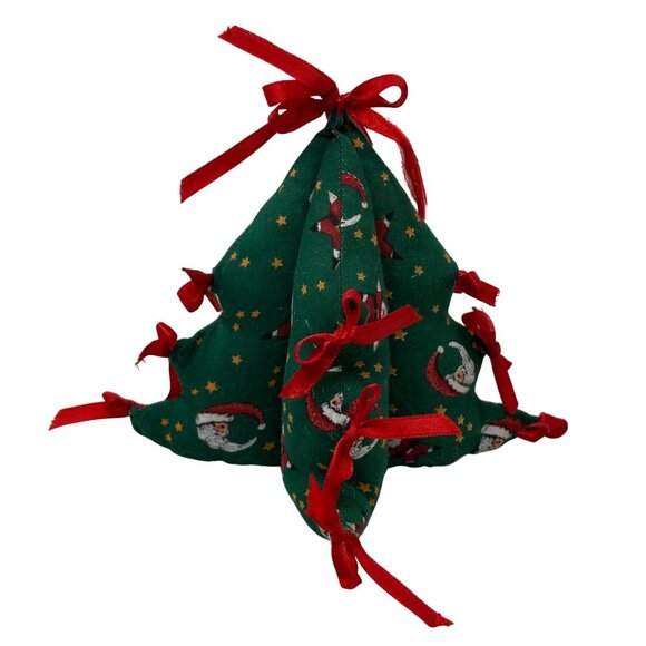 Vintage Fabric Christmas Tree Santa Red Ribbon Holiday 6 In Tiered Tray Decor - Picture 5 of 10